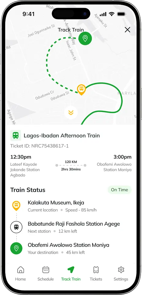 A mockup of the new NRC mobile app real-time tracking page with a map