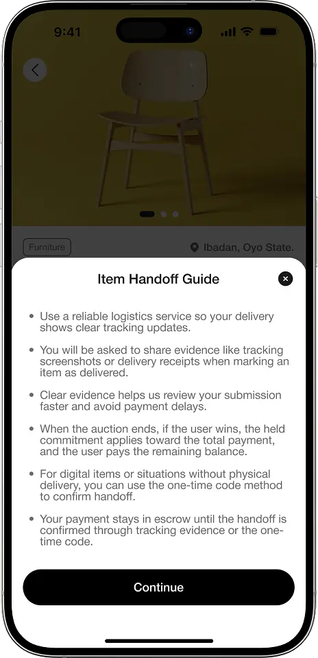 A mockup of the item hand-off info modal
