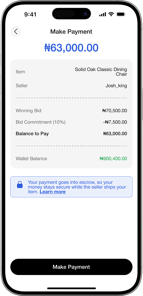 A mockup of the Auctave payment screen
